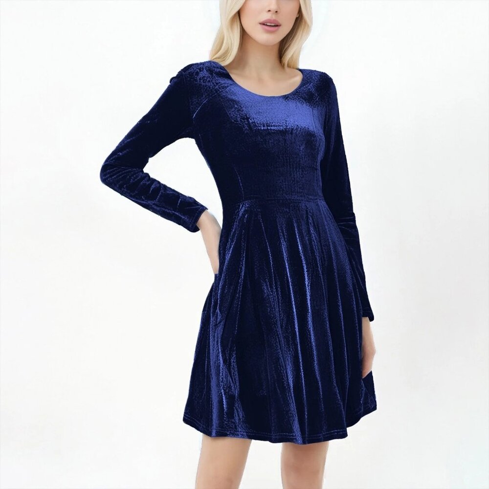 Chigant Dark Blue Velvet Fit & Flare Dress Long Sleeves Size XXL 2X 20 Plus Size